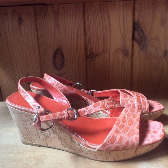 Franco Sarto Orange Print Strappy Square Toe Boho Platform Cork Wedges Size 8 M - Picture 1 of 8